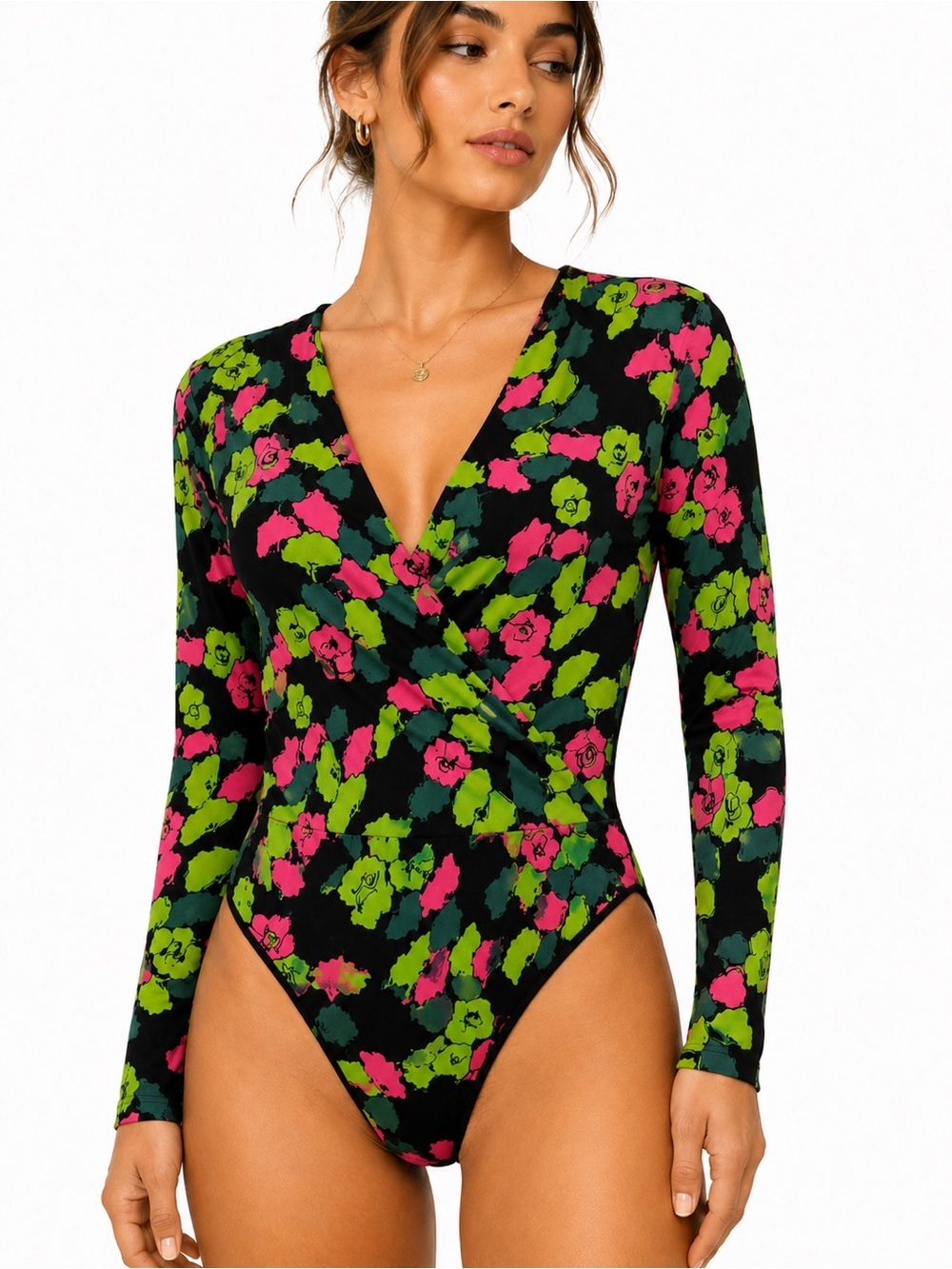 Zara Floral Long Sleeve Wrap Bodysuit Black Pink Green Women’s Size S